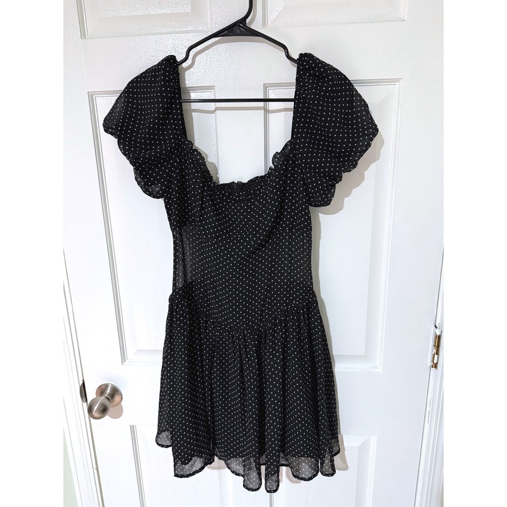 Reformation Polka Dot Puff Sleeve Smocked Mini Dress Black White Size 6